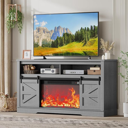 JUMMICO Fireplace TV Stand for 65+ Inch TV with 26'' Fireplace Entertainment Center with Storage Cabinet and Adjustable Shelves Media Console with Sliding Barn Door for Living Room (Pale Gray) by JUMMICO