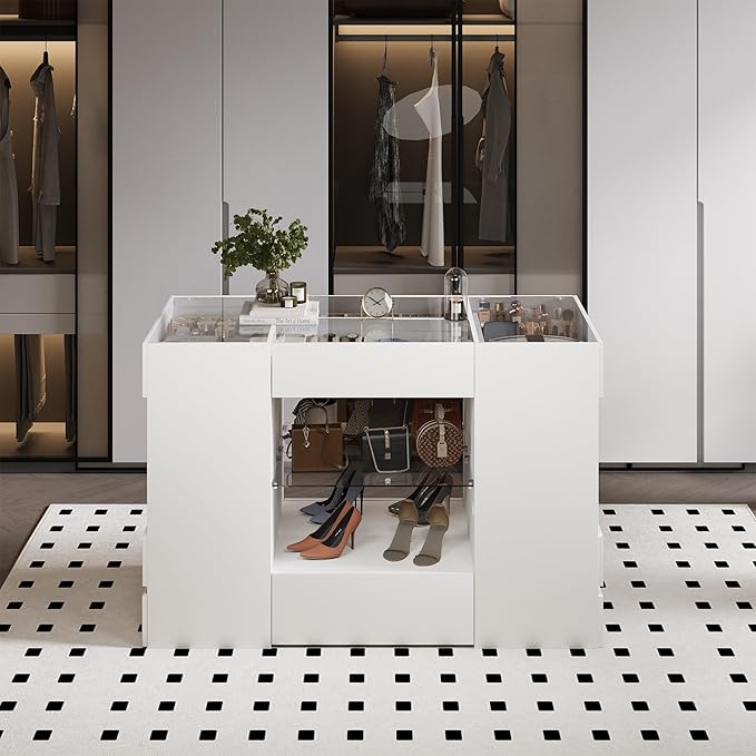 Kikihouse Modern Closet Island with 10 Drawers, LED Wardrobe Armoire Island with Glass Top, Luxury Walk-in Closet Island Storage Cabinet with Display Shelf for Cloakroom, Dressing Room (White)