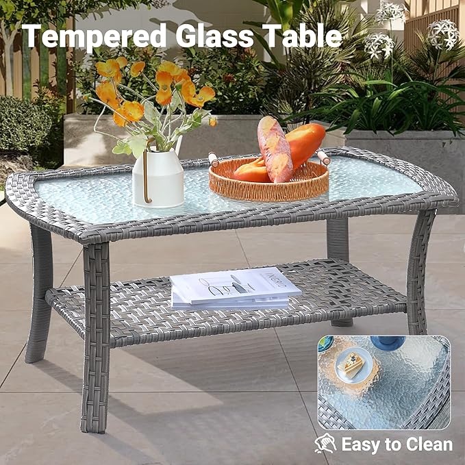 ovios 4-Piece Patio Furniture Set, Outdoor Wicker Sofa with Chairs Coffee Table, High Back Rattan Couch Loveseat with Comfy Cushions for Porch Yard Deck, Dark Grey