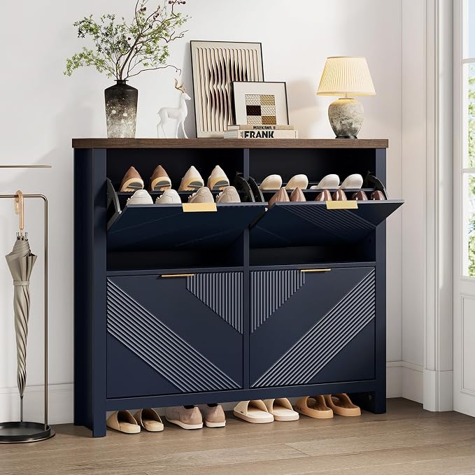 ONBRILL Shoe Cabinet with 4 Flip Drawers, 16-24 Pairs Shoe Organizer with Symmetric Groove Pattern, Freestanding Slim Hidden Shoe Storage Cabinet for Entryway, Hallway (Navy Blue) - Image 8