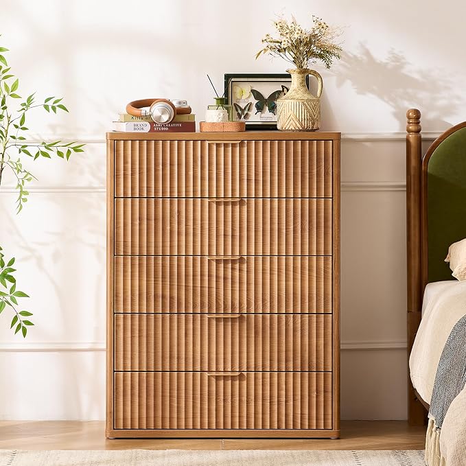 LEYAOYAO Fluted 5 Drawers Dresser Set of 2, 41" Tall Modern Chest of Drawers with Metal Handle, Curved Profile Dresser TV Stand, Wooden Drawer Organizer for Bedroom, Living Room, Hallway, Brown - Image 4