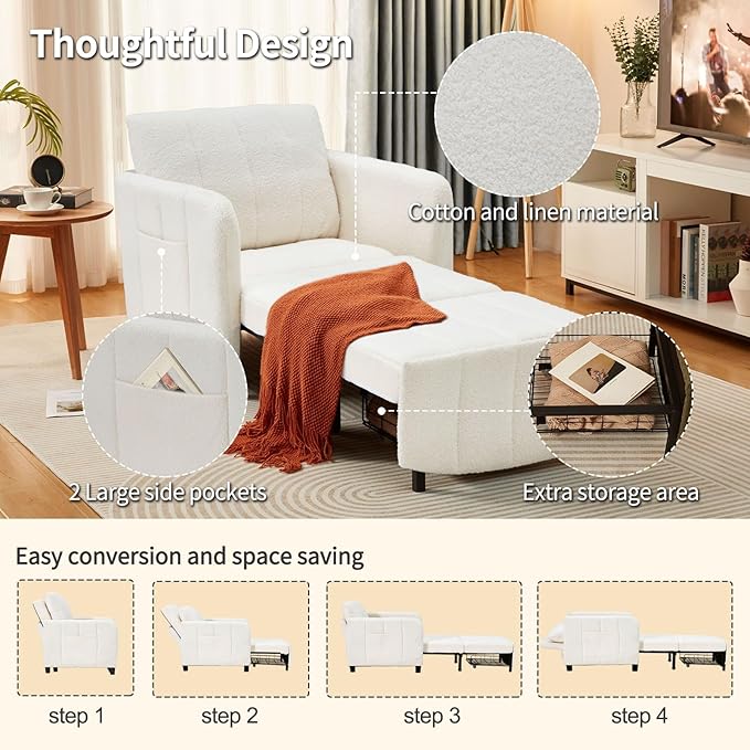 ZZW Sleeper Chair 84" Extra Long Convertible Chair Bed Upgraded 3-in-1 to 4-in-1 Pull Out Chair & Single Sofa Bed for Adult Sleeping Chair for Living Room & Small Space (White)