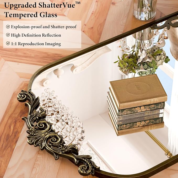 Koonmi Vintage Mirror, 26x38 Wall Mounted Vanity Mirror, Tempered Glass, Detachable Flower Head, Bronze Antique Decorative Mirror for Bathroom Entryway Fireplace Living Room Hallway - Image 2