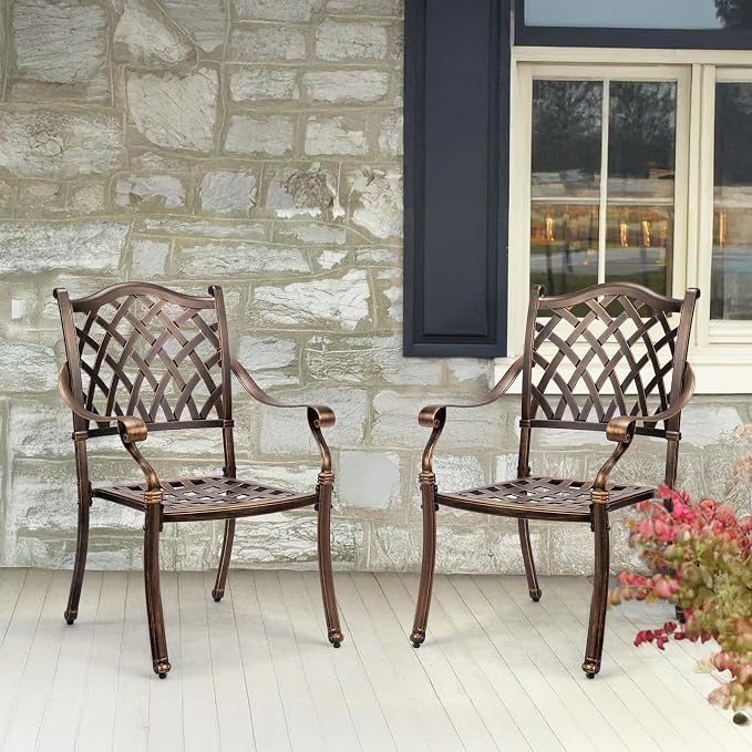 VINGLI Patio Chairs Set of 4 - Stackable Outdoor Cast Aluminum Dining Chairs with Vintage Bronze Finish and Diamond Pattern, Metal Armchairs for Poolside, Backyard, Balcony (No Cushion) - Image 2