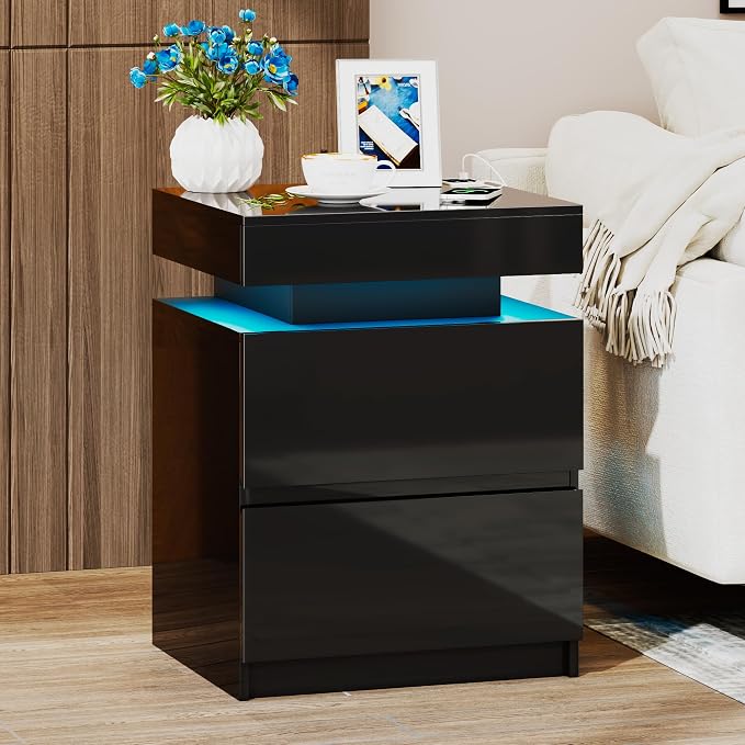 LED Nightstand - Bedside Table with Charging Station and 2 Shiny Surface Drawers Sliding Top with Magnetic Lock - Modern Night Stand for Bedroom & Living Room - Black - Image 9