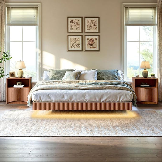 Evermagin Bedroom Furniture Set-Bed with 2 Nightstands, Mid Century Modern Bedroom Set, Floating Bed Frame Led Lights, Fluted Floating Room Furnitures, 3-Piece Room Set (Wal, Queen)