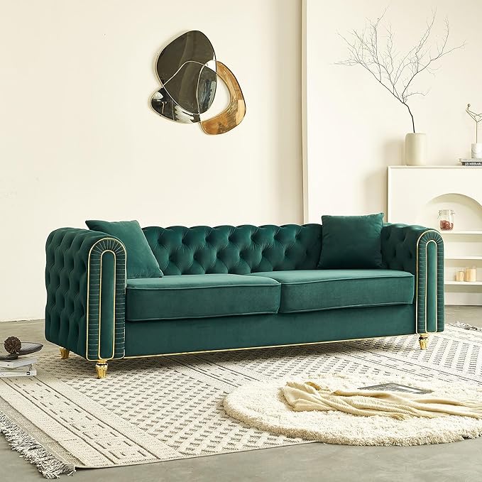 KEIKI 86" Chesterfield Velvet Button Tufted Sofa with High Density Foam Cushions and 2 Toss Pillows, Modern Style 3-Seater Couch with Gold Strip Trim Decoration, Easy Assembly, for Living Room, Green