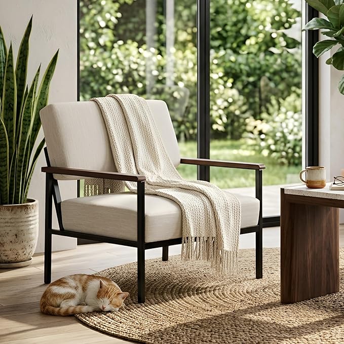 LIVINOVA Mid Century Modern Accent Chair Set of 1, Beige Linen Upholstered Armchair with Black Metal Frame, Comfortable Lounge Reading Chair for Living Room, Bedroom, Office Reception