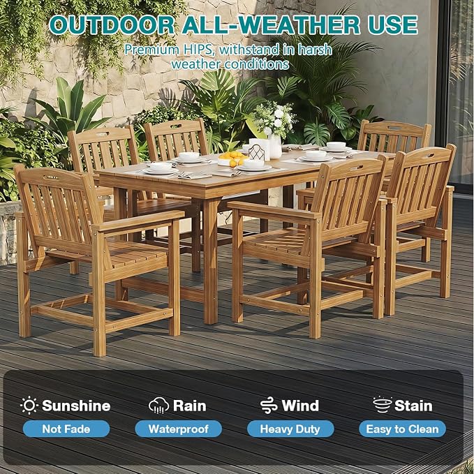 Mdeam 7-Piece HIPS Outdoor Dining Set, 66.9" Wood Texture Patio Table with Umbrella Hole, 440LBS Capacity, 6 Wider Chairs, Dining Table Set for 6, Outdoor Furniture with Galvanized Steel Frame, Teak - Image 5