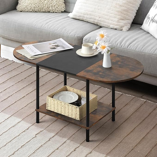 Shinoske Coffee Tables for Living Room,2-Tier Small Coffee Table Farmhouse Oval Center Table with Storage Shelf and Wood Tabletop,for Small Space,Home Office,Black & Brown