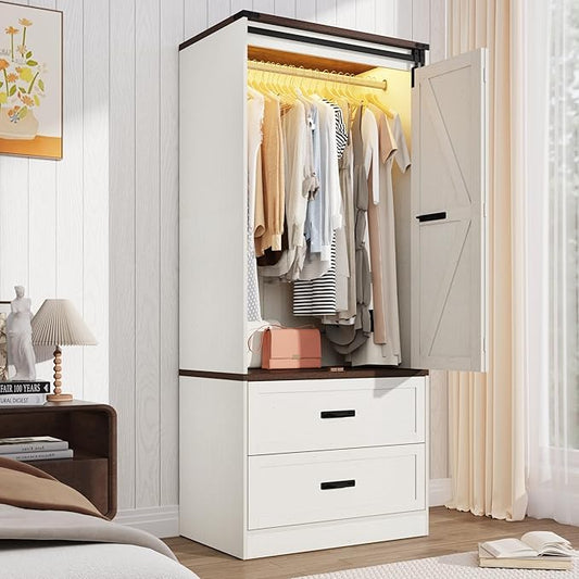 Farmhouse 2 Doors Armoire Wardrobe Closet w/Folding Sliding Barn Door and Lights, LED Armoire Closet w/Drawers for Bedroom, Freestanding Wooden Wardrobe Storage Closets w/Hanging Rod,Antique White