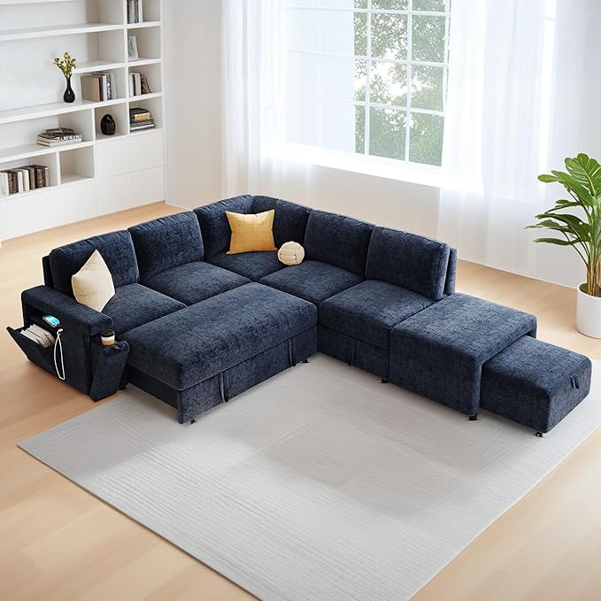 ERYE L-Shaped Multifunctional Sleeper Sectional with Hidden Storage and Cupholders, Modern Pull Out Sleeper Convertible Sofa Bed W/Storage Chaise, Ottoman, USB-C Ports