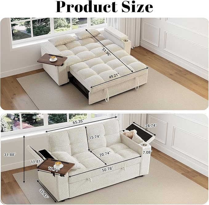 Rovibek 65'' Convertible Sleeper Sofa Bed, 3-in-1 Pull Out Couch with 360° Swivel Side Table, Adjustable Backrest, Loveseat Sleeper with Charging Port | Side Pocket | Cup Holders, White