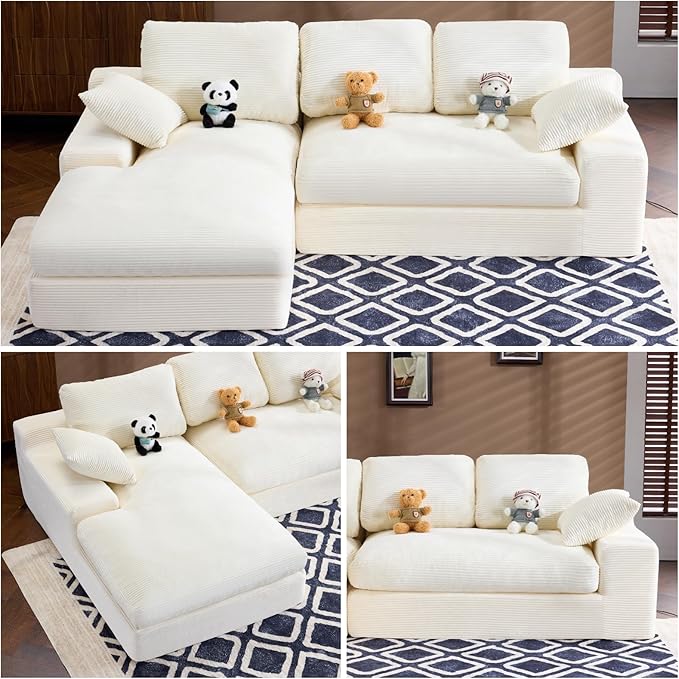 L Shaped 4 Seater Sofa, Modern Modular Sofa with 3 Back Cushions & 2 Coordinating Pillows, 98'' Corduroy Leisure Combination Couch with Wide Seat & High-Resilience Foam for Living Room, White