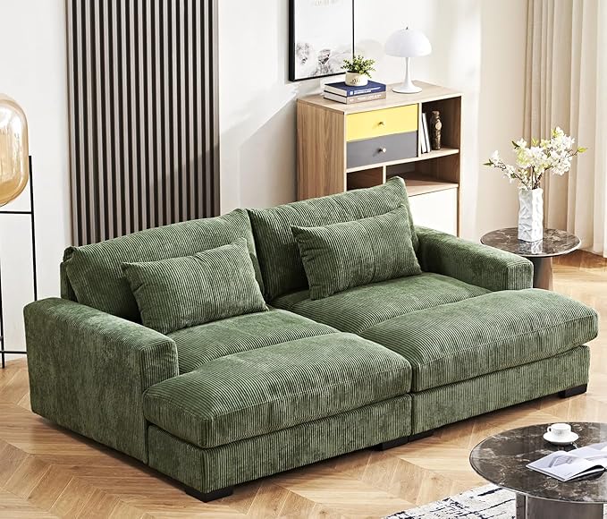 Luxe Sleeper Sofa with Soft Corduroy Upholstery, Double Chaise Design, Convertible to Twin Size Bed, Modern and Comfortable Living Room Couch, 89.9" Wide, Green