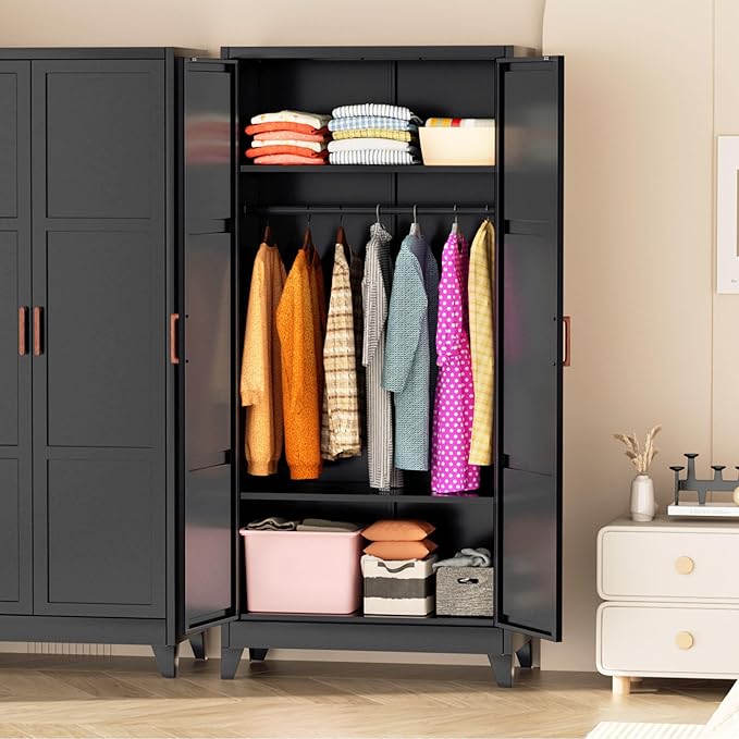 Greenvelly Metal Wardrobe Cabinet, 19" D x 34" W x 71" H Metal Wardrobe Closet with Hanging Rods and Adjustable Shelves,Clothing Storage Closet Cabinet for Bedroom, Cloak Room, Laundry Room (Black)