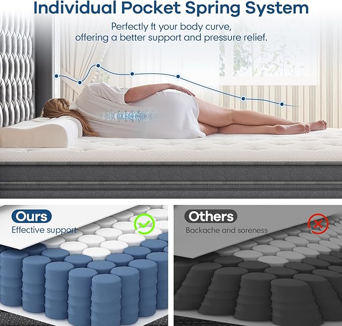12 inch Queen Mattress,Hibrid Memory Foam Mattress in A Box, Independent Pocketed Spring for Pressure Relief, Motion Isolation for Deep Sleep,Skin-Friendly and Breathable Cotton