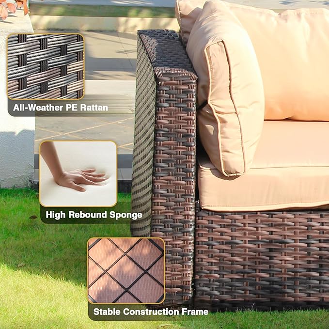 Patio Furniture Set with Fire Pit Table 5 Piece All Weather PE Rattan Outdoor Sectional Sofa Couch with 4 x arm Sofa, No-Slip Cushions for Garden, Poolside, Backyard (Beige)