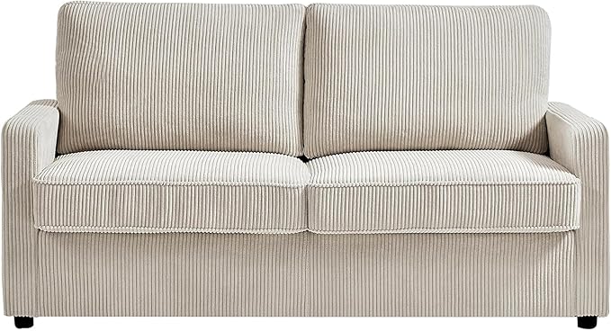 Reversible Sleeper Sofa Bed with Comfortable Memory Foam Mattress, Convertible Corduroy Full Size Pull Out Couch for Living Room, Space Saving Furniture, 70" Wide, Rectangular Arms, Ivory