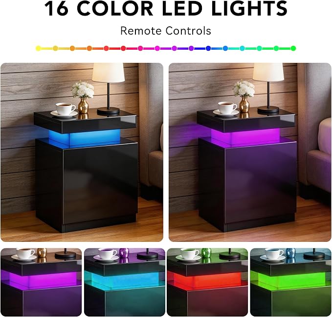 MXV LED Night Stand with Charging Station, Bedside Table with Sliding Top Storage, Modern End Table for Bedroom, Black - Image 5