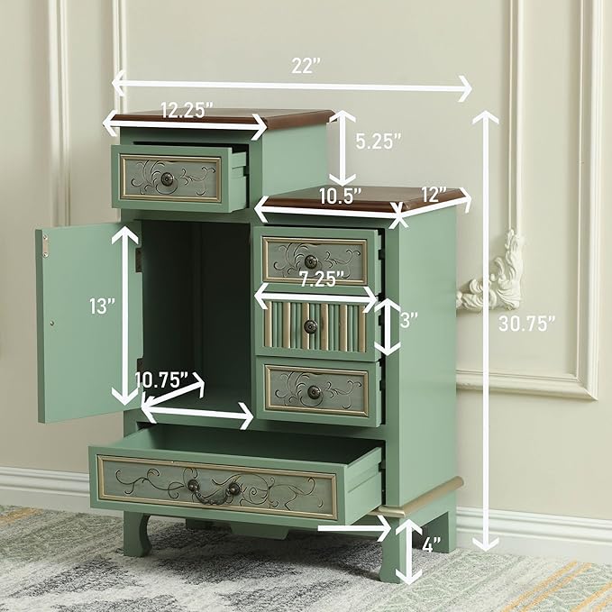 Ahokua Vintage Accent Chest with 5-Drawers and Door Carved Wood Storage Cabinet Modern Dresser for Living Room, Entryway, Hallway, Sage Green - Image 2