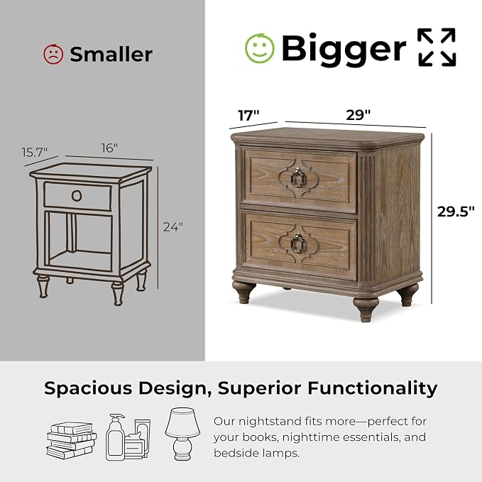 Furniture of America Weile Art Deco Solid Wood 29-inch Nightstand, Bedside Table with USB Ports, Antique Handles and Turn Legs, Wooden Night Stand for Bedroom, Guest Room, Dorm, Rustic Oak - Image 2
