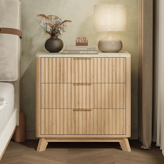 24" Tall Fluted NightStand,3 Drawers End Table with Faux Marble Top,Modern Side Table with Storage, Night Stand Wood Bedside Tables for Bedroom,Curved Profile Design,Natural Oak - Image 8