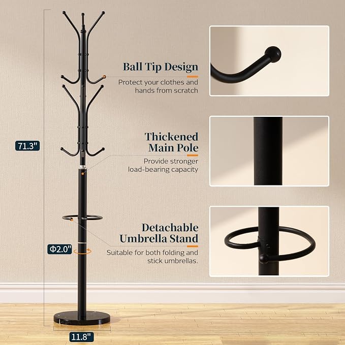 Yoobure Metal Coat Rack Freestanding with Marble Base, Coat Tree with 12 Hooks & Umbrella Holder, Coat Hanger Stand for Corner Entryway Bedroom Office, Heavy Duty Coat Rack Stand for Clothes Hats Bags - Image 5