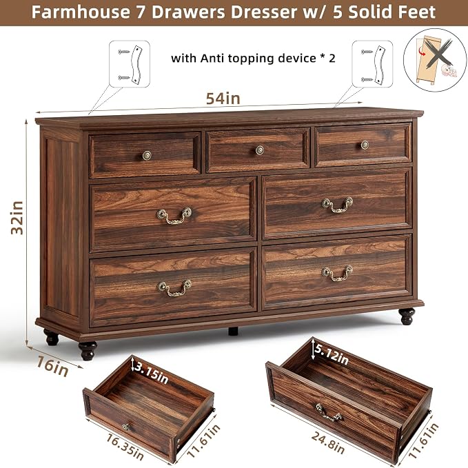 Joaxswe Farmhouse 7 Drawers Dresser for Bedroom, Brown 54 Inch Wide Chest of Drawers w/ 4 Wooden Legs, Large Vintage Rustic Closet Dressers for Living Room, Wood TV Stand with Storage Organizer - Image 2