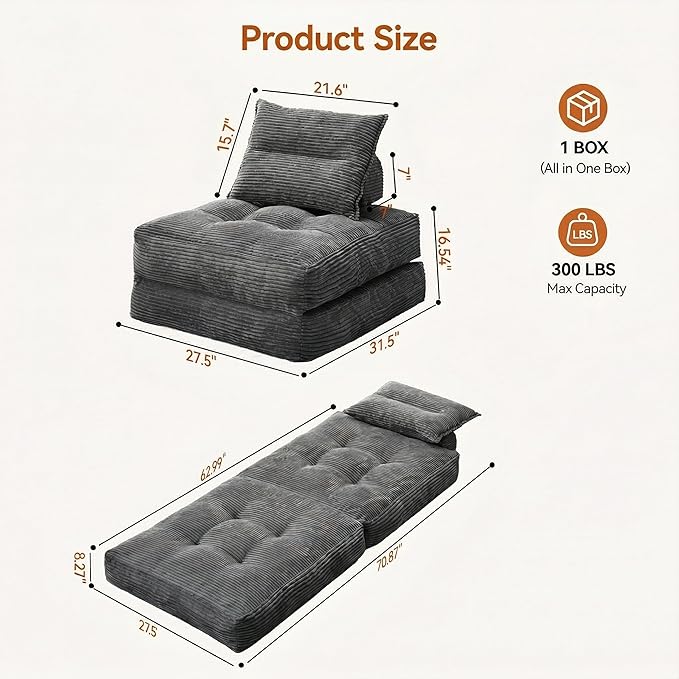 Folding Sofa Bed, Fold Out Chair Bed with Pillow, Convertible Sleeper Chair for Living Room Bedroom Guest Room Small Spaces, Comfy Corduroy Boneless Couch Bed, Grey, Single