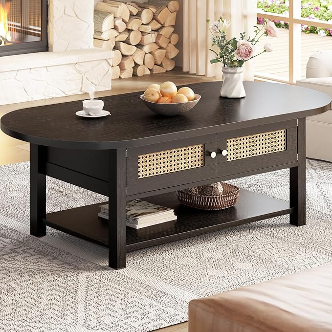 LVB Rattan Coffee Table, Boho Wood Living Room Table with Storage, Oval Modern 2-Tier Cocktail Tea Table with Doors & Open Shelf, Farmhouse Vintage Center Tables for Bedroom Office, Black Oak, 47In