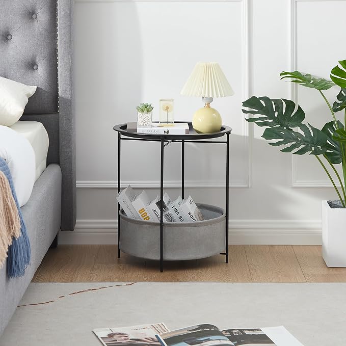 VECELO Round Side/End Table with Fabric Storage Basket，Metal Anti-Rust and Waterproof Small Bedside Nightstand with Removable Tray Top for Living Room，Balcony & Laundry，Black /2pcs with Basket - Image 5