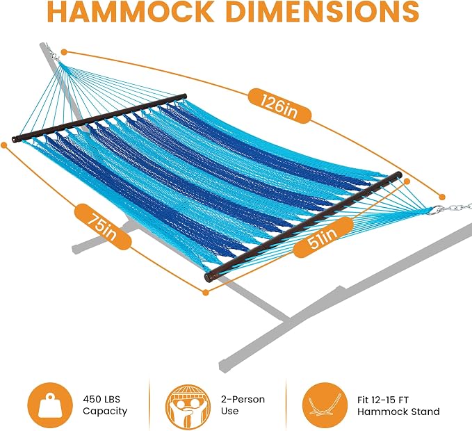 Lazy Daze Hammocks 10.5 FT Double 2 Person Caribbean Rope Hammock, Hand Woven Polyester Hammock with Spreader Bars, for Outside Outdoor Backyard Patio Poolside, 450 LBS Capacity, Blue/SkyBlue - Image 6
