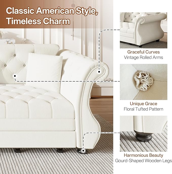 Eafurn Oversized 4-Seater Chesterfield Loveseat Convertible King Size Sleeper Couch Bed,Classic Tufted Velvet Pull Out Loveseat Sofa Bed with Roll Armrest and Solid Wood Legs
