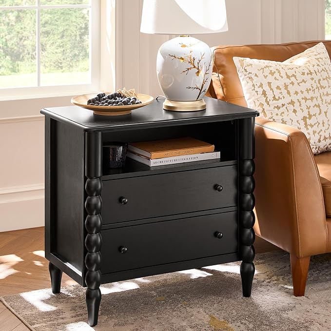 HULALA HOME Farmhouse Storage End Table with Spindle Columns, 2 Drawers and Open Shelf Side Table, Solid Wood Fluted Side Table with Charging Station, Black - Image 7