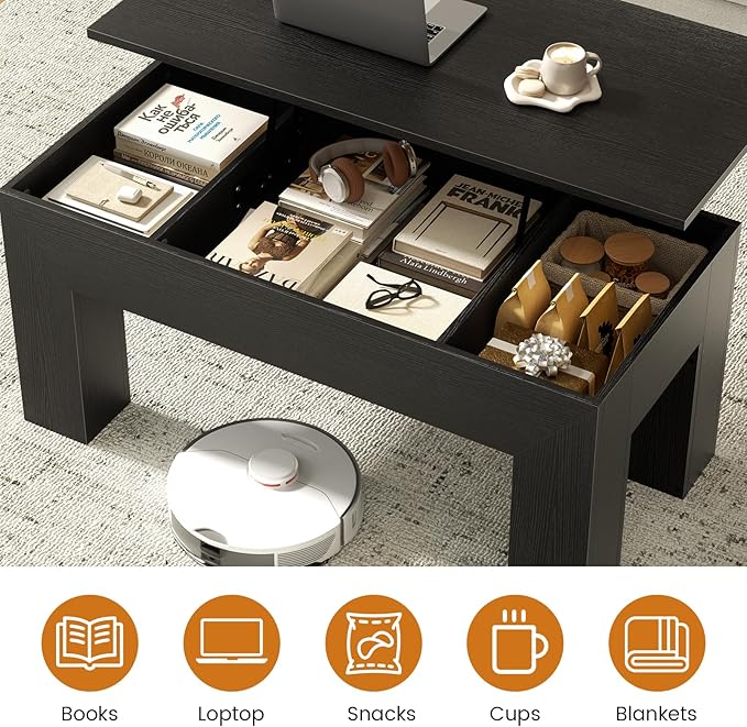 FABATO 41.7'' Lift Top Coffee Table, Wooden Rectangle Coffee Table with Hidden Storage, Large Center Table Adjustable Height Sofa Table for Living Room Office Apartment, Black