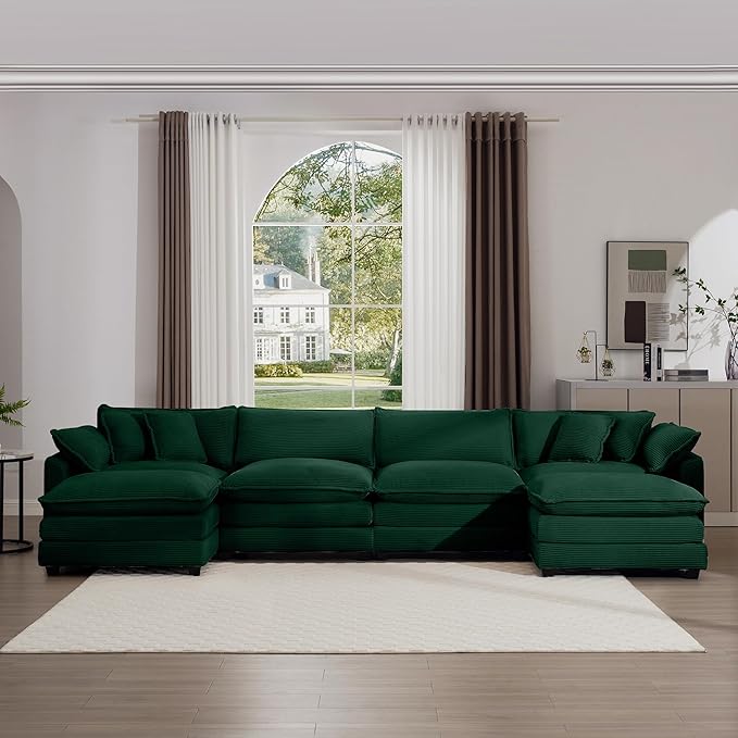KEIKI 150" U-Shaped Oversized Corduroy Modular Sectional Sofa with 2 Ottoman, High-Density Foam Cushions, Removable Armrests, Upholstered 4-Seater Corner Couch with 6 Pillow, for Living Room, Green