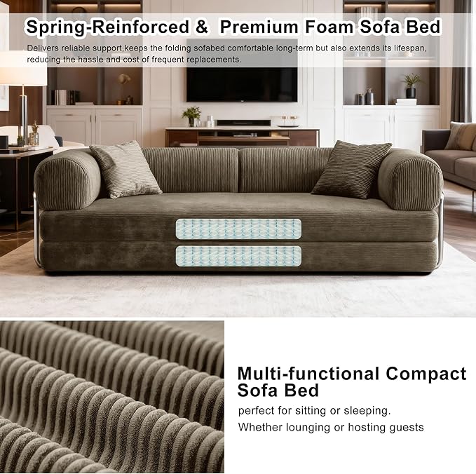 78 Inch Folding Convertible Sofa Bed, 4-in-1 Oversized Cloud Corduroy Upholstered Boneless Couch, Loveseat Sleeper with Pull Out Bed, Modular Futon Floor Sofa Couch for Living Room Bedroom Lounge
