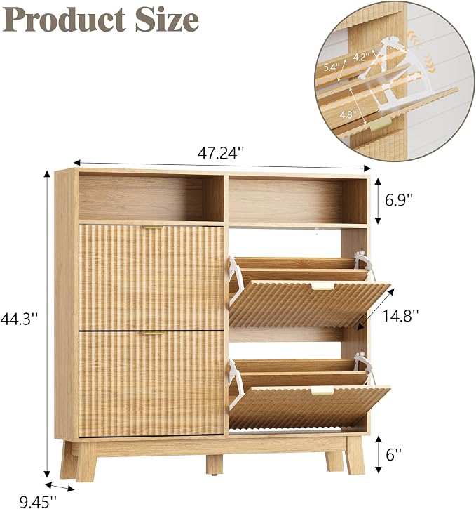 HUANLEGO Shoe Cabinet Storage for Entryway with 4 Flip Drawers, Fluted Narrow Shoe Organizer with Wooden Legs & Top Cubby, Freestanding Slim Shoe Storage Hidden Shoe Rack for Front Door Entrance, Oak - Image 2