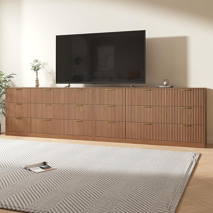Dresser for bedroom Set of 2, Long Dresser with 18 Drawers, Fluted Modern Bedroom Furniture Set, TV Stand Dressers & Chests of Drawers for Closet, Natural Wood (15.7"D x 125.8"W x 31.8"H)