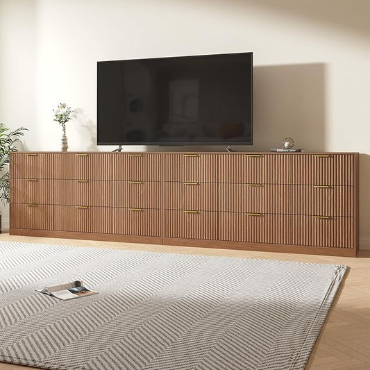 Dresser for bedroom Set of 2, Long Dresser with 18 Drawers, Fluted Modern Bedroom Furniture Set, TV Stand Dressers & Chests of Drawers for Closet, Natural Wood (15.7"D x 125.8"W x 31.8"H)