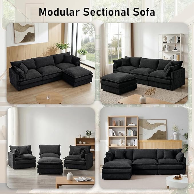 102" Cloud Couch Sectional, Modular Sectional Sofa with Chaise & 4 Removable Washable Pillows, Oversized L-Shaped Couch for Living Room, Modern 3-Seat Cloud Sofa Sectional with Deep Seat, Black