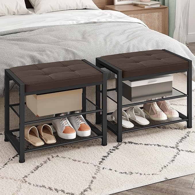 HOOBRO Small Shoe Bench, 3-Tier Shoe Rack, Shoe Storage Bench with PU Seat Cushion, Entryway Shoe Rack Bench with Metal Mesh Shelves, Freestanding Shoe Organizer for Hallway, Brown CB33HX01 - Image 5