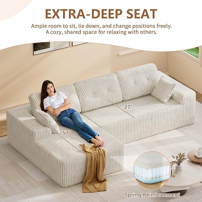 Ball & Cast 106" Cloud Modular Sectional Sofa, Boneless Corduroy Couch with Deep Seat, Comfy L-Shaped Sectional, Modern Upholstered Sofa for Living Room, No Assembly (Beige, Left Facing Chaise)