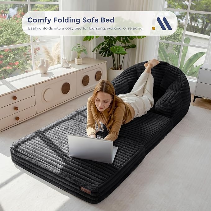 MAXYOYO Folding Sofa Bed, 2 in 1 Convertible Sofa to Lounger Comfy Faux Fur Bean Bag Chair for Adults, Floor Single Sleeper Couch Chair with Handle, Couch Bed for Living Room Bedroom, Black