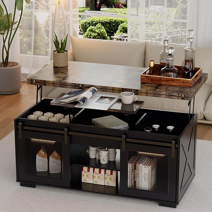 Upgraded Coffee Table with Lifting Top And Sliding Doors, Thick Panels, Industrial Metal Mesh Sides, Dual LED Accent Lights, Large Storage Center farmhouse square Table for Living Room, Chestnut Black