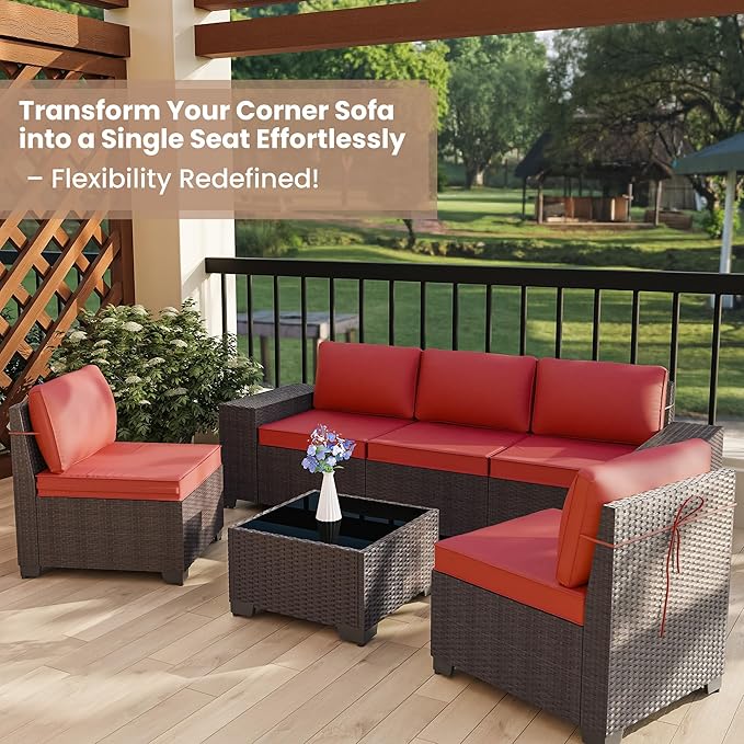 6 PCS Outdoor Patio Furniture Set,Outdoor Sectional Furniture All Weather PE Rattan Wicker Patio Conversation Set with Coffee Table and 5 Thickened Cushions,Red