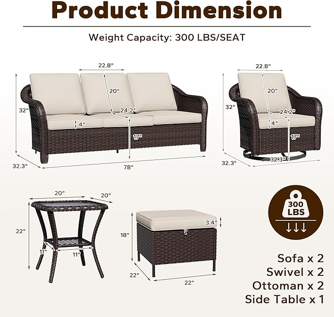 7 Piece Patio Wicker Conversation Set, 2 All-Weather Use Outdoor Wicker Sofa with 2 PE Rattan Ottomans,2 Swivel Chair, 1 Side Table, Ideal for Porch, Backyard, Balcony, Poolside, Beige