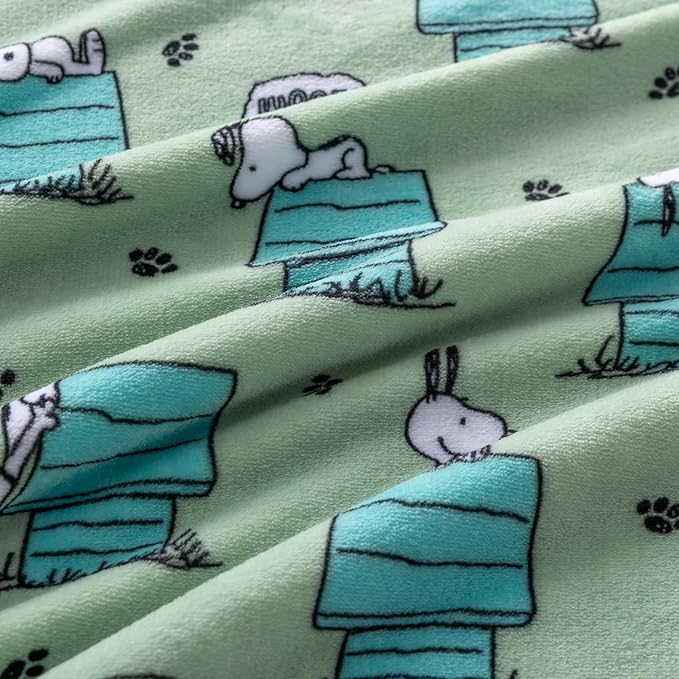 Berkshire Peanuts® VelvetLoft® Cute Character Snoopy Plush Throw Blanket,Regular Snoopy Dog House Poses & Paws Closed in Sage,Throw 55 in x 70 in (Official Peanuts® Product)