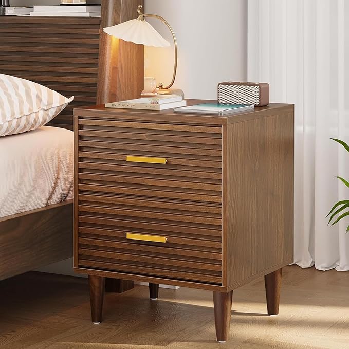 Whalefall Night Stands, Fluted Bedside Table with Drawer, Mid Century Modern Nightstand, End Table Bed Side Tables for Bedroom, Accent Tables with Wood Legs, Brown 1pc by Whalefall